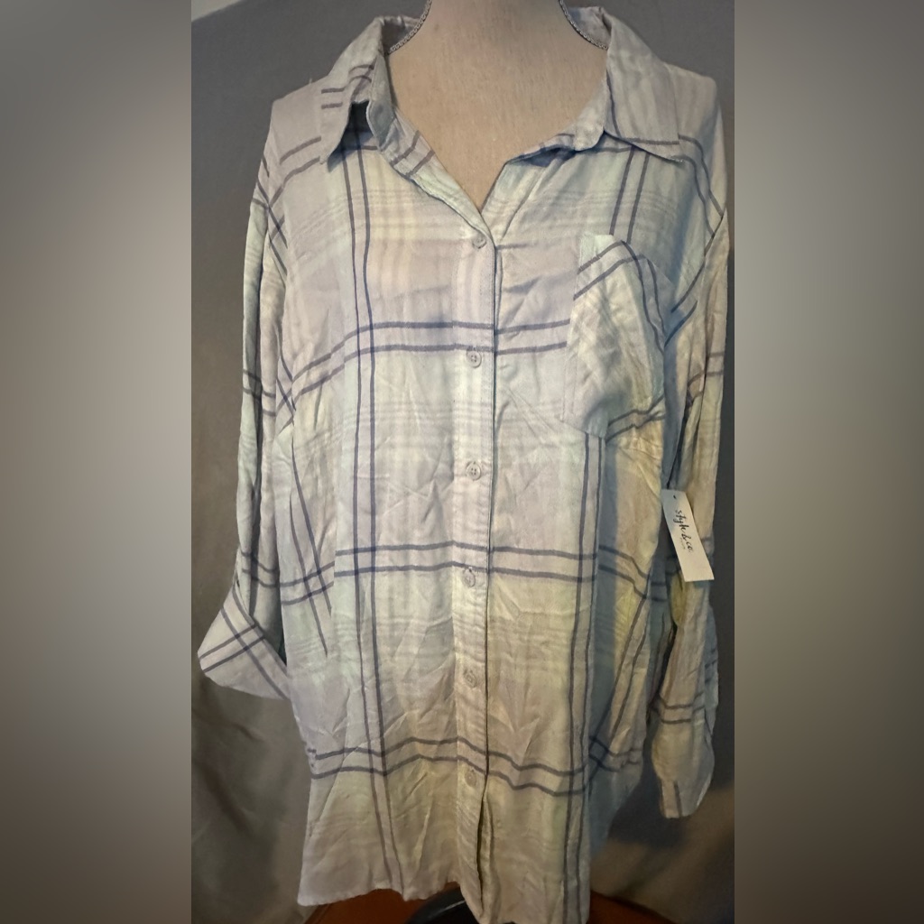 Nwt Style & Co 3x Blouse In Mint Green Checkered Pattern With Full Sleeve Or 3/4